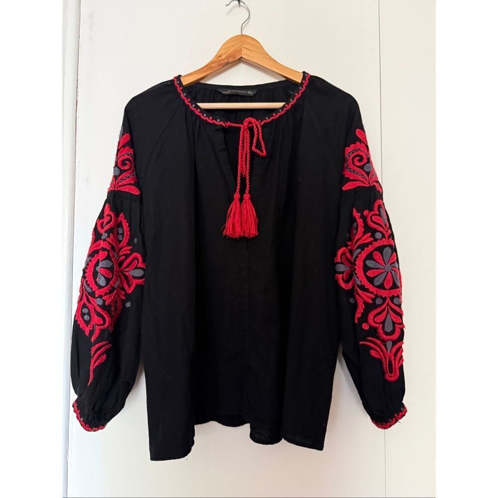 Zara Woman Black Red Embroidered Boho Peasant Blouse Size S